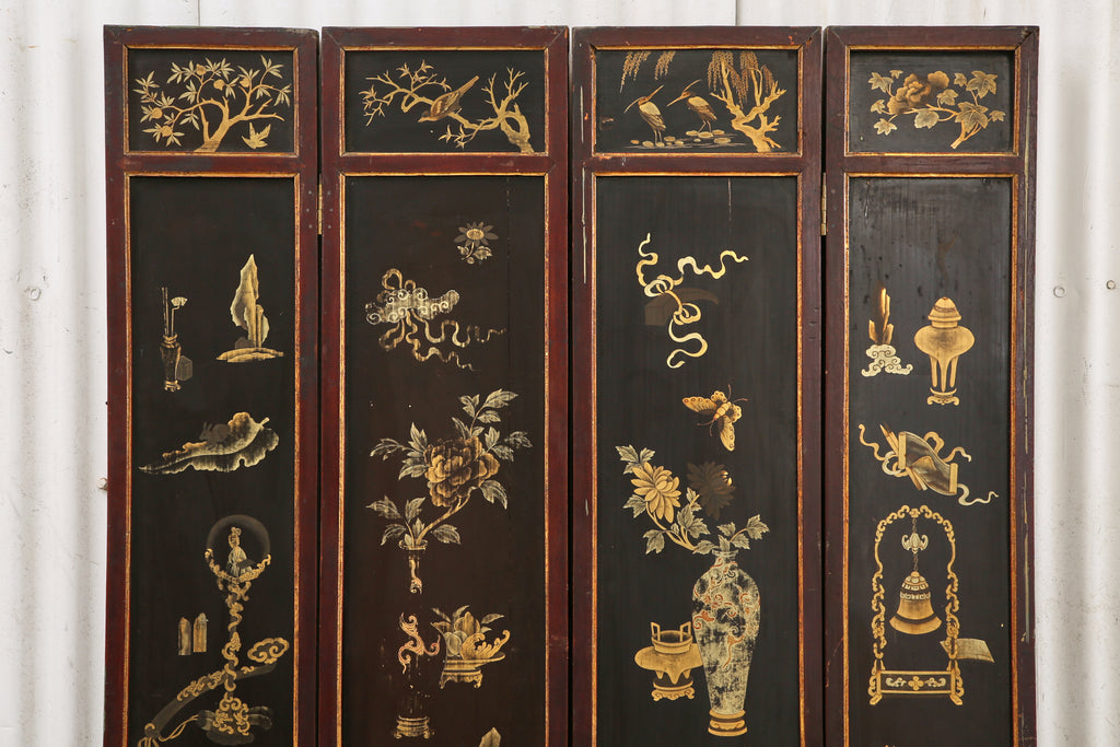Chinese Qing Four Panel Lacquered Incised Coromandel Screen
