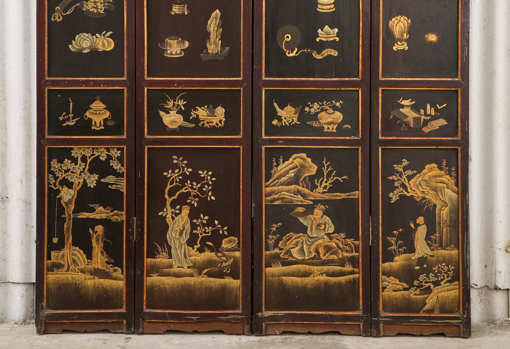 Chinese Qing Four Panel Lacquered Incised Coromandel Screen