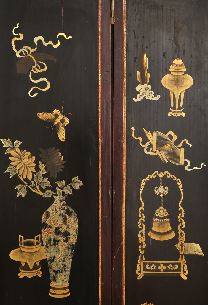 Chinese Qing Four Panel Lacquered Incised Coromandel Screen