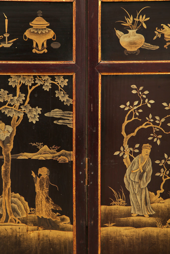 Chinese Qing Four Panel Lacquered Incised Coromandel Screen