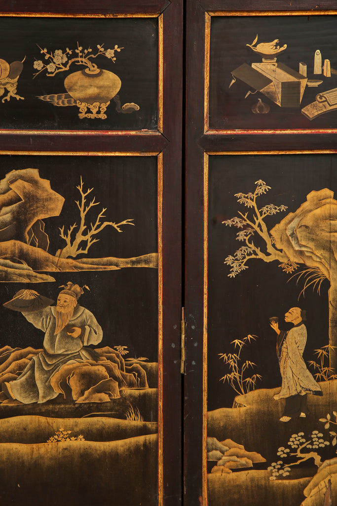 Chinese Qing Four Panel Lacquered Incised Coromandel Screen