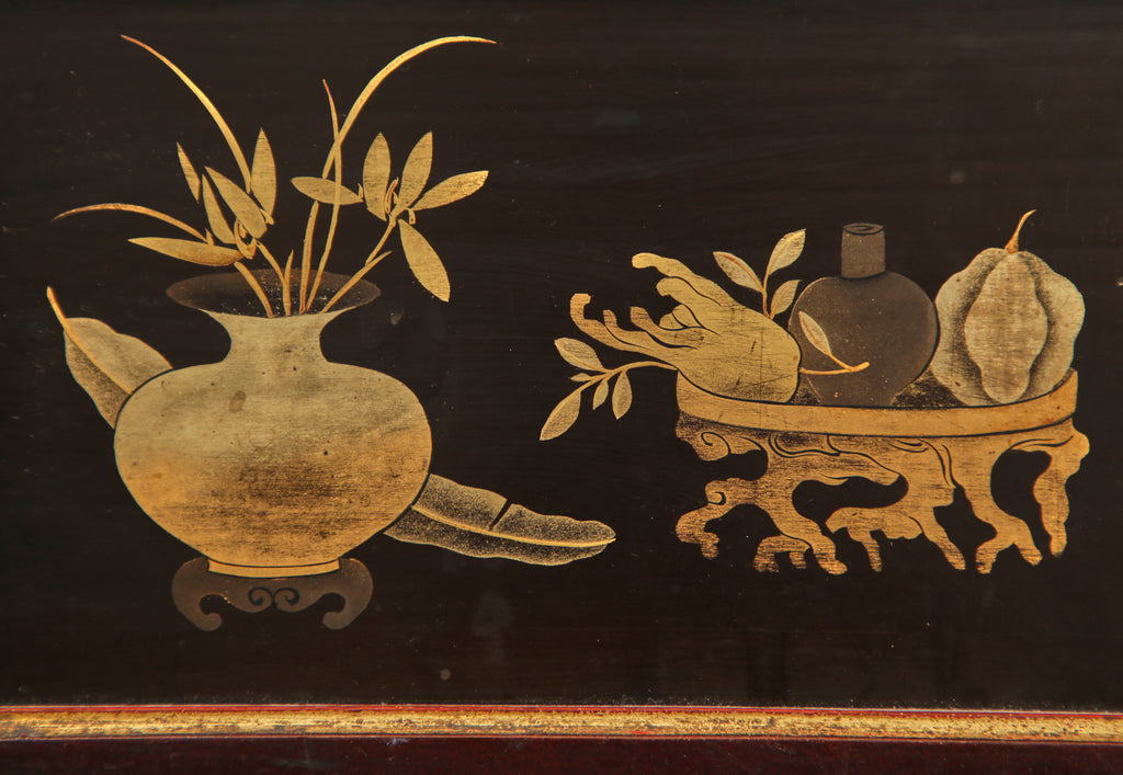 Chinese Qing Four Panel Lacquered Incised Coromandel Screen