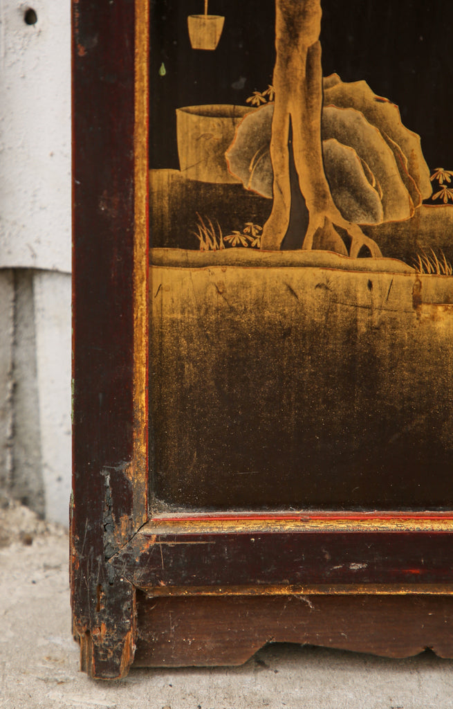 Chinese Qing Four Panel Lacquered Incised Coromandel Screen