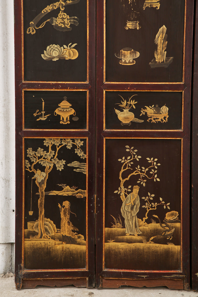 Chinese Qing Four Panel Lacquered Incised Coromandel Screen