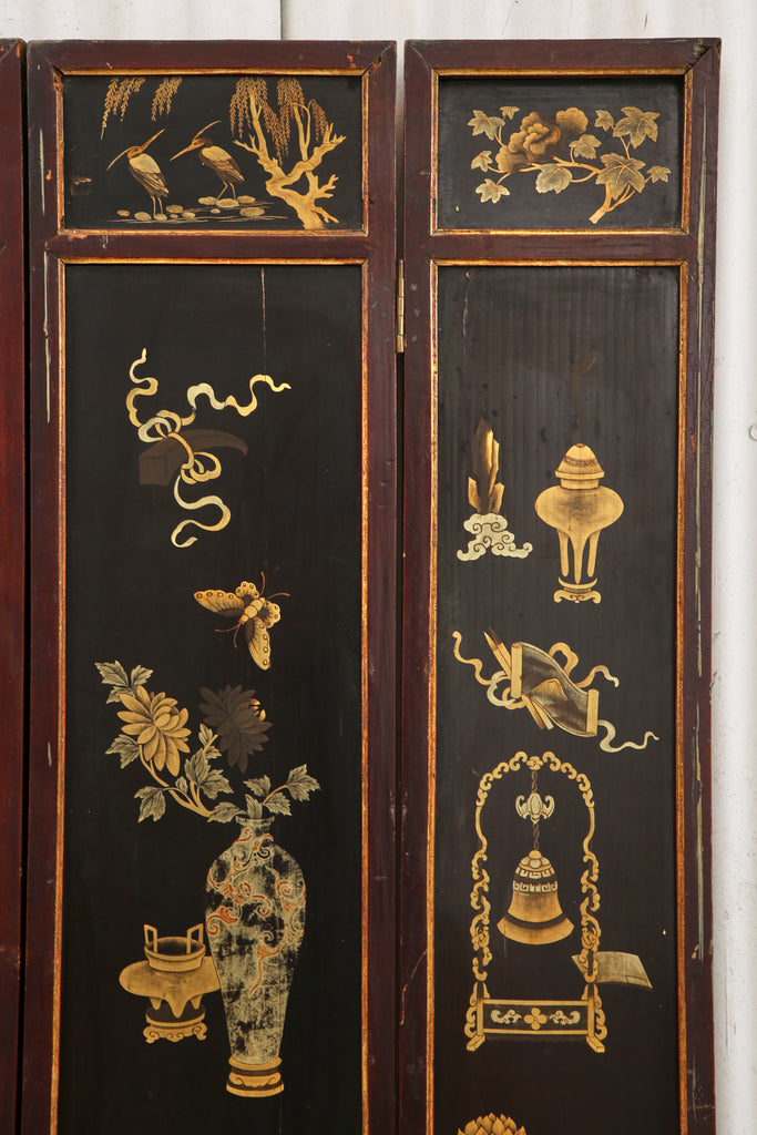 Chinese Qing Four Panel Lacquered Incised Coromandel Screen