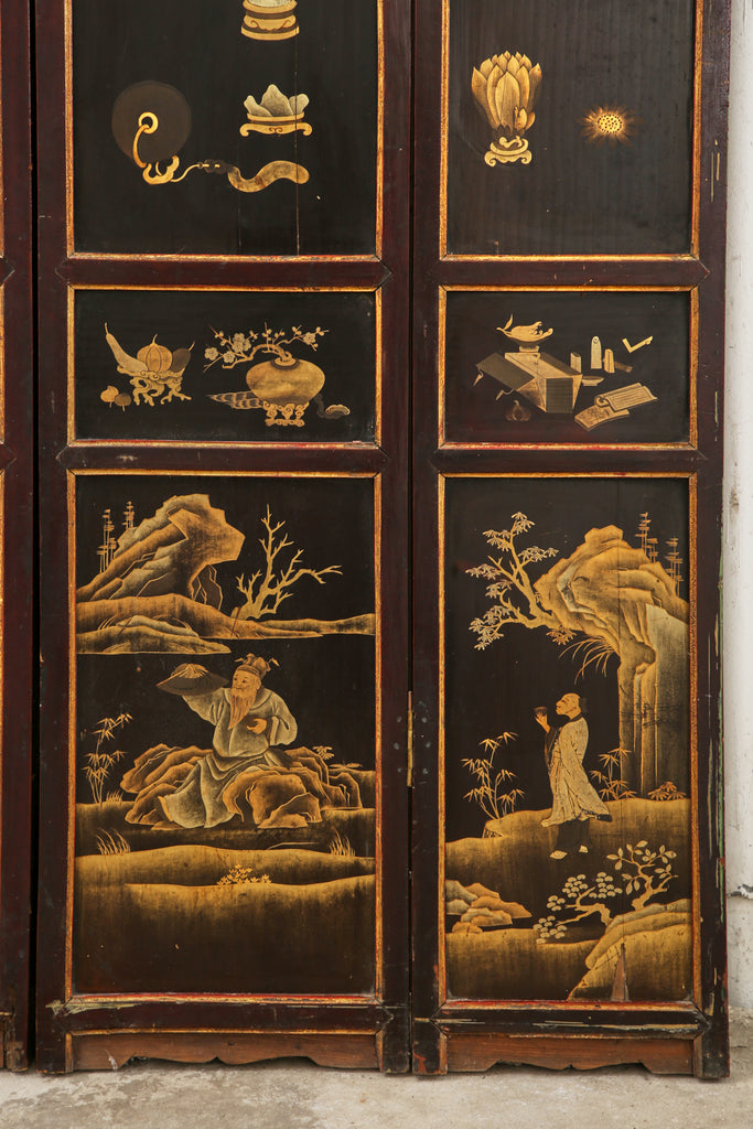Chinese Qing Four Panel Lacquered Incised Coromandel Screen