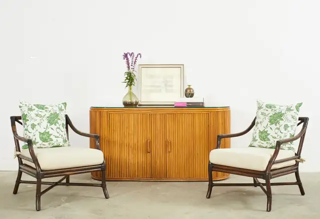 Bamboo Rattan Sideboard Credenza with Demilune Ends