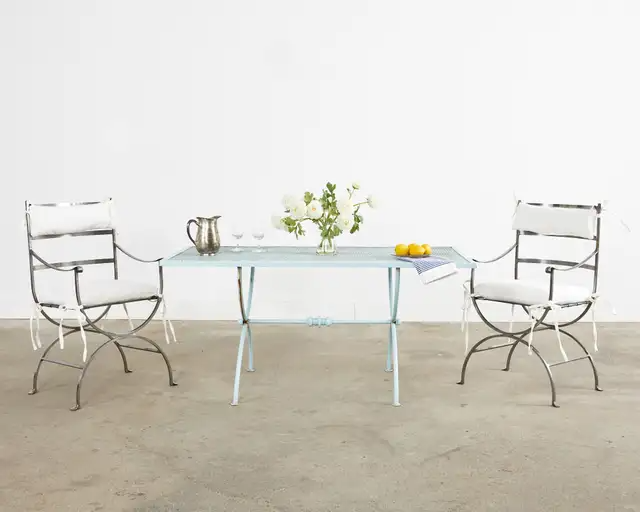 Pair of Neoclassical Style Steel Curule Garden Armchairs