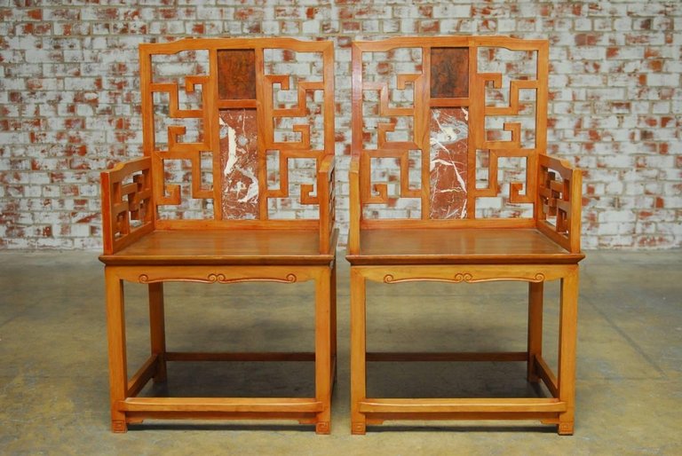 Pair of Chinese Ming Style Armchairs with Dali Marble Inset
