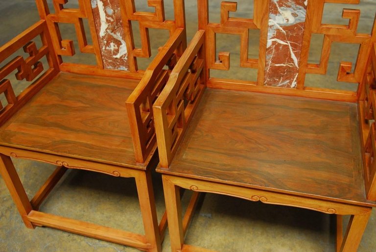 Pair of Chinese Ming Style Armchairs with Dali Marble Inset