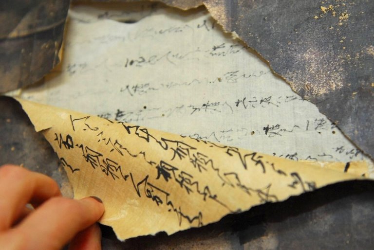 Japanese Six Panel Silver Leaf Screen with Chinese Brush Calligraphy