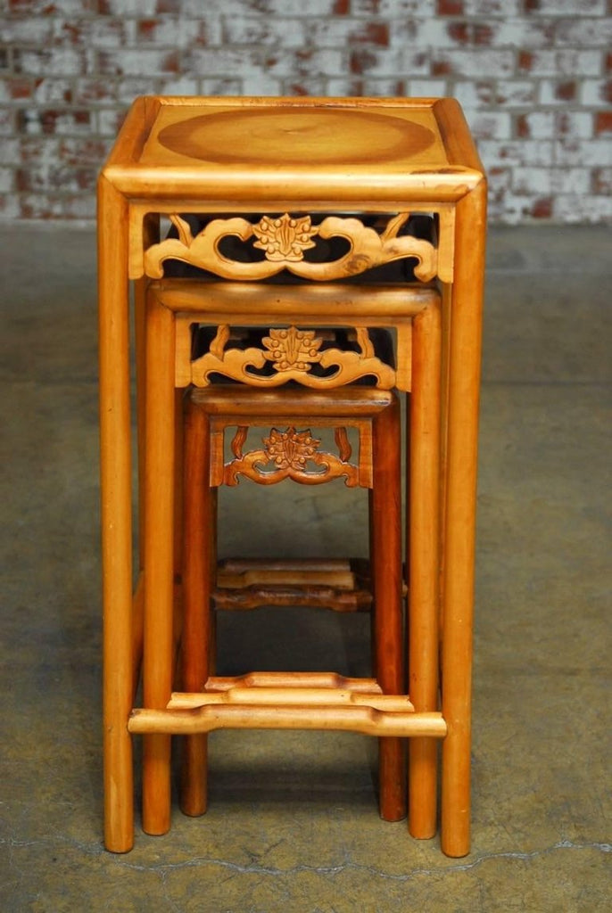 Set of Three Chinese Lotus Blossom Stacked Nesting Tables