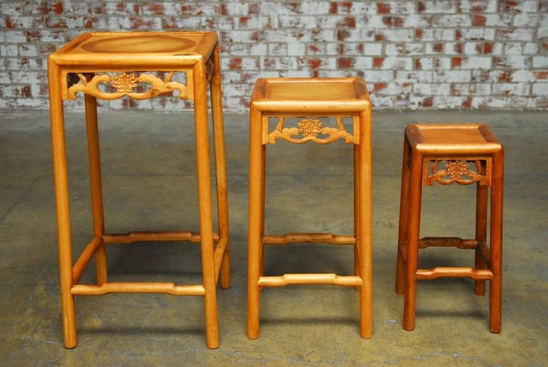 Set of Three Chinese Lotus Blossom Stacked Nesting Tables