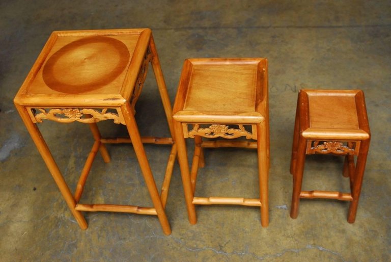 Set of Three Chinese Lotus Blossom Stacked Nesting Tables