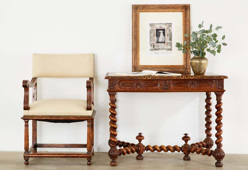 French Louis XIII Style Oak Barley Twist Library Table Desk