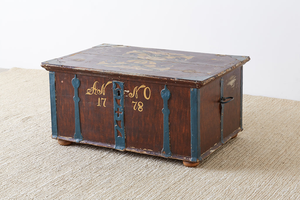 18th Century Swiss Polychrome Decorated Blanket Chest Trunk