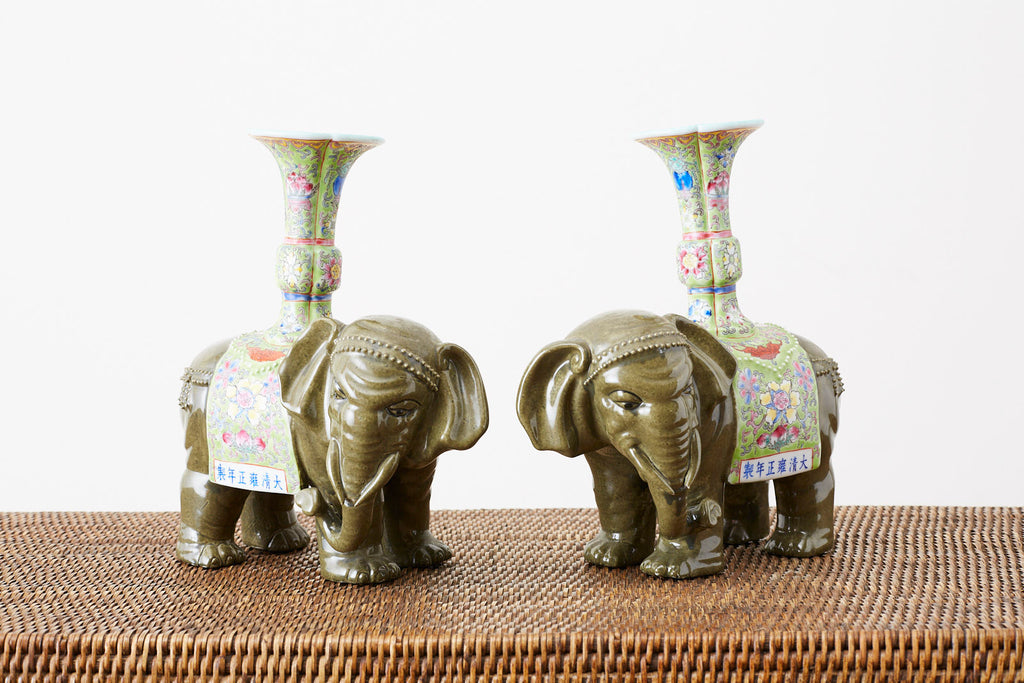 Pair of Chinese Jade Colored Porcelain Elephant Candlesticks