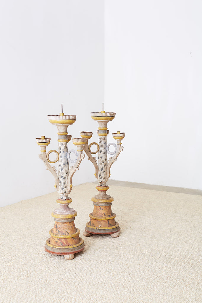 Pair of Italian Carved Three-Light Candelabras