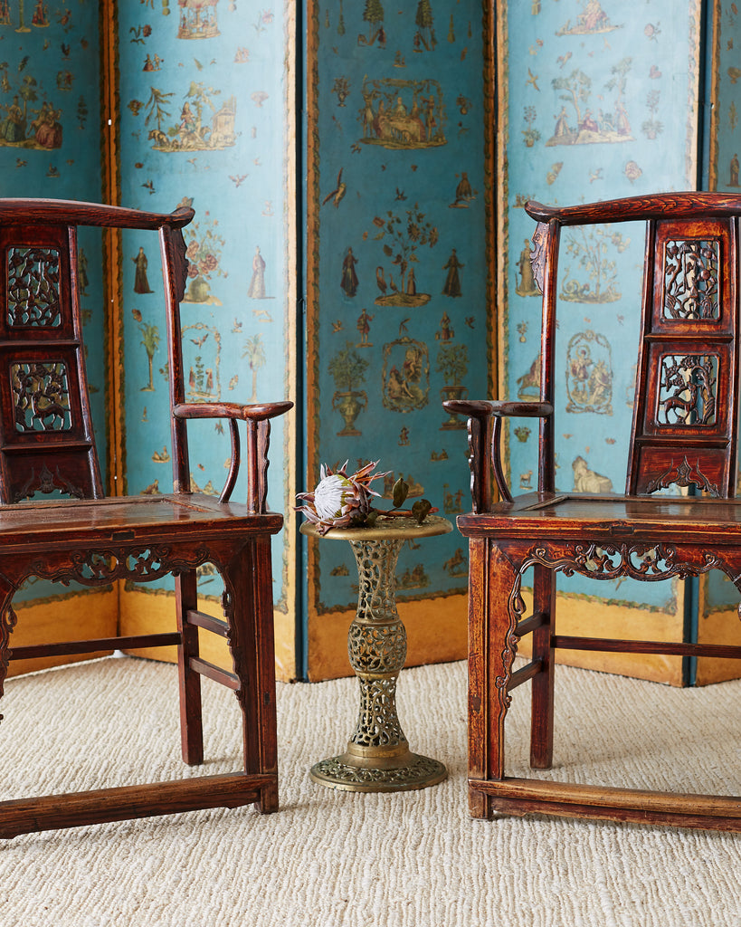 Pair of Chinese Elm Yoke Back Officials Hat Chairs