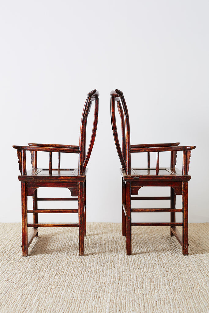 Pair of Chinese Elm Yoke Back Officials Hat Chairs
