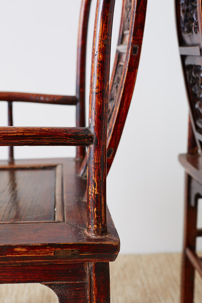 Pair of Chinese Elm Yoke Back Officials Hat Chairs