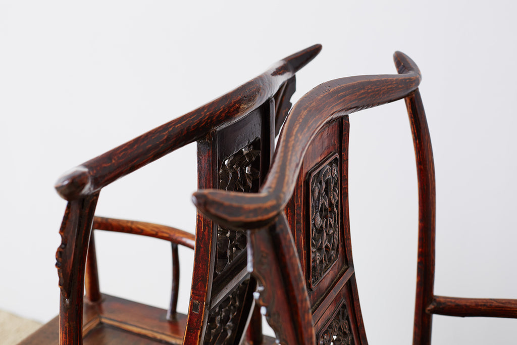 Pair of Chinese Elm Yoke Back Officials Hat Chairs