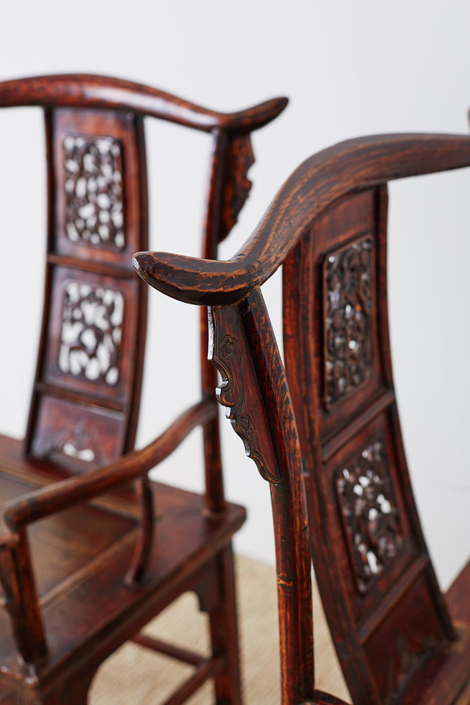 Pair of Chinese Elm Yoke Back Officials Hat Chairs
