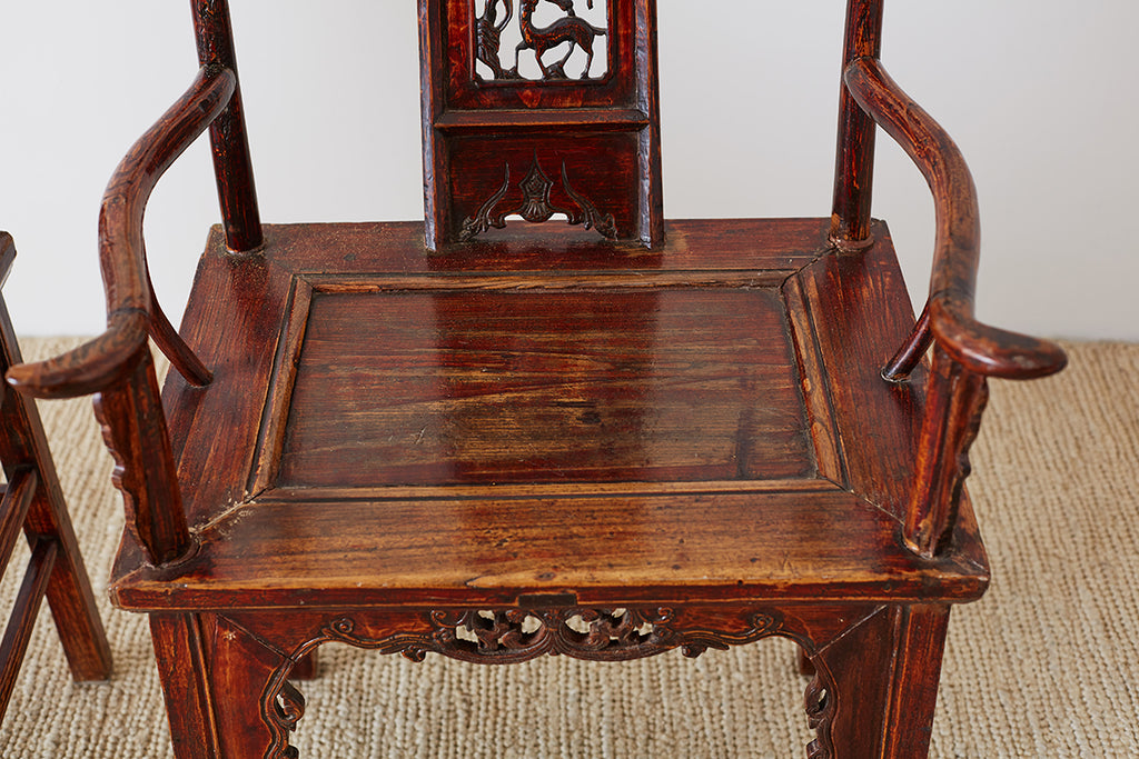 Pair of Chinese Elm Yoke Back Officials Hat Chairs
