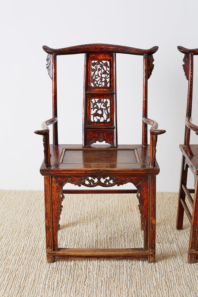 Pair of Chinese Elm Yoke Back Officials Hat Chairs