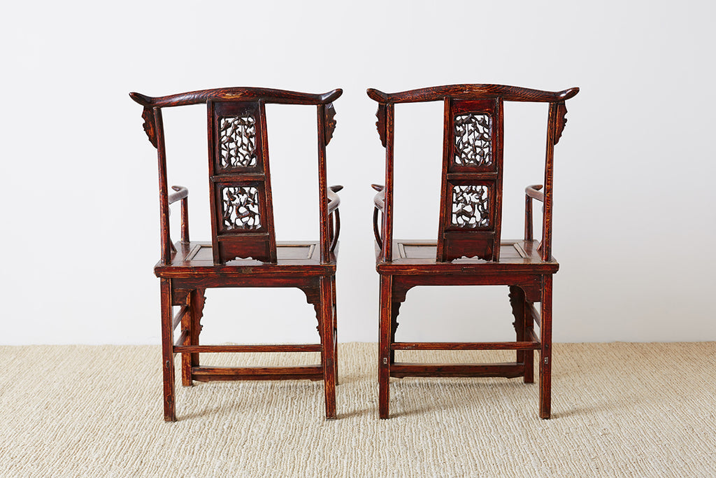 Pair of Chinese Elm Yoke Back Officials Hat Chairs