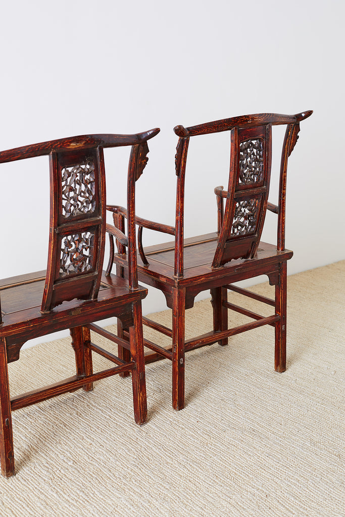 Pair of Chinese Elm Yoke Back Officials Hat Chairs
