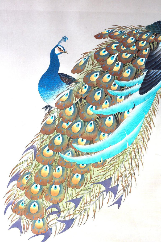 Japanese Showa Period Peacocks Painted on Silk