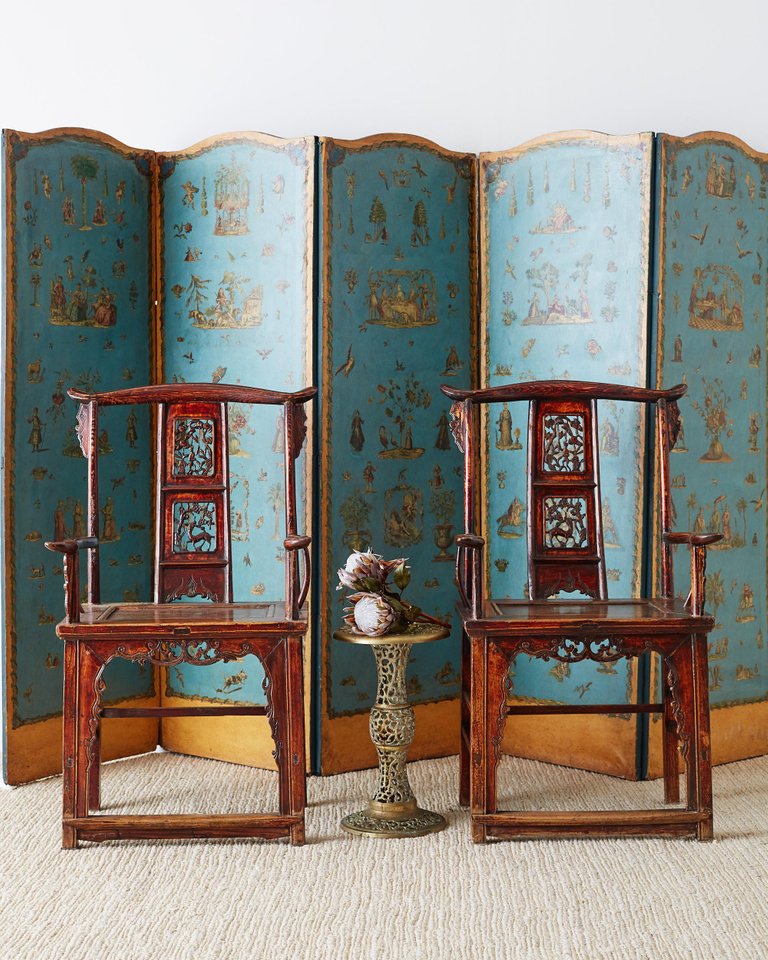 Pair of Chinese Elm Yoke Back Officials Hat Chairs
