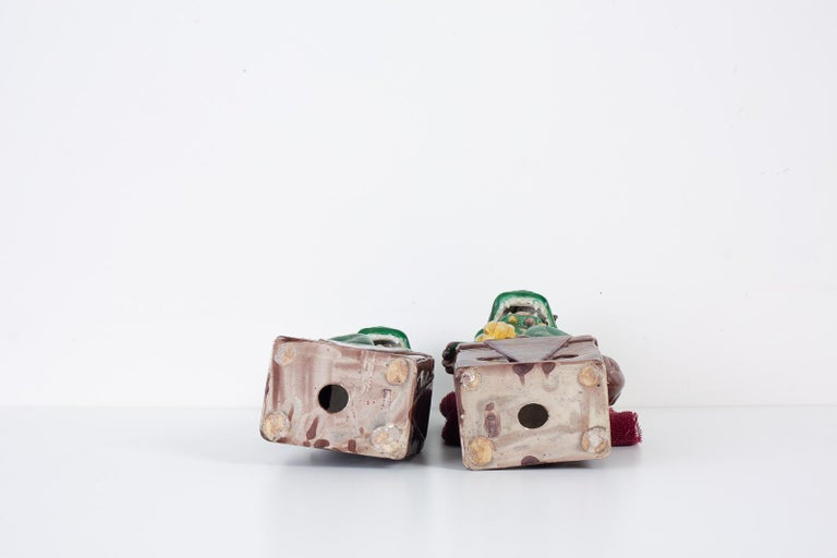 Pair of Chinese Famille Verte Foo Dogs on Stands