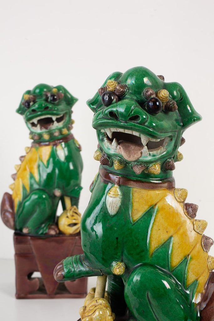 Pair of Chinese Famille Verte Foo Dogs on Stands