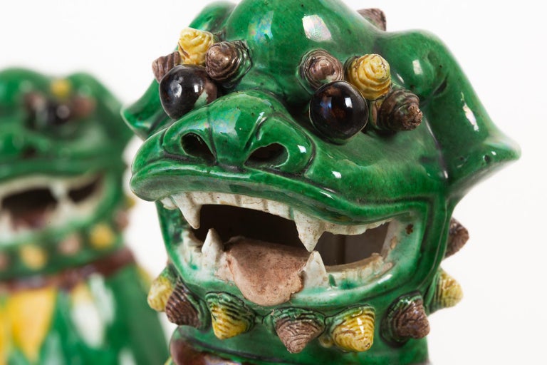 Pair of Chinese Famille Verte Foo Dogs on Stands
