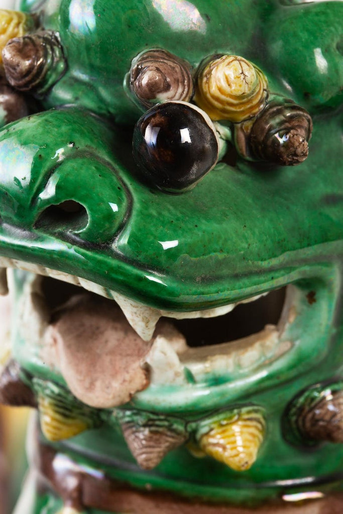 Pair of Chinese Famille Verte Foo Dogs on Stands