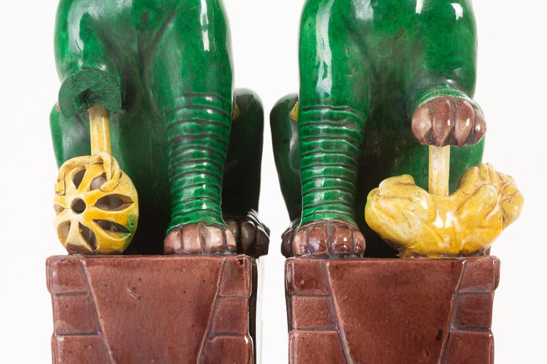 Pair of Chinese Famille Verte Foo Dogs on Stands