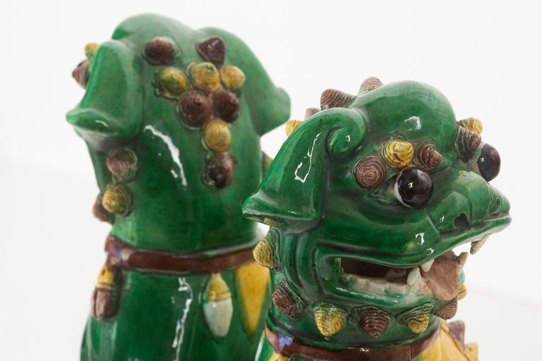 Pair of Chinese Famille Verte Foo Dogs on Stands