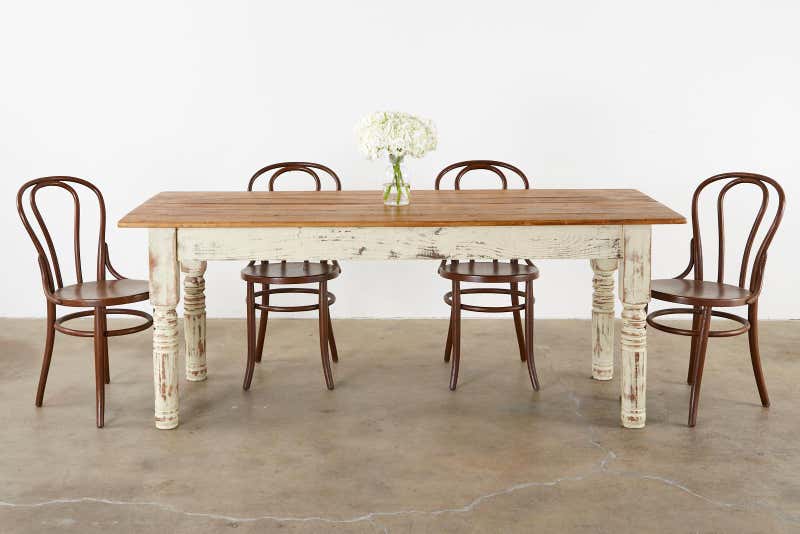 Rustic American Cream Painted Pine Farmhouse Dining Table