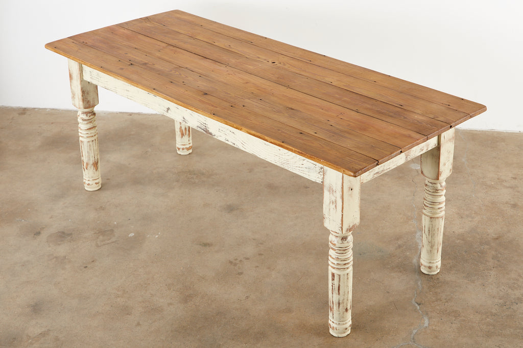 Rustic American Cream Painted Pine Farmhouse Dining Table