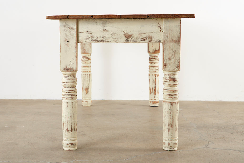 Rustic American Cream Painted Pine Farmhouse Dining Table
