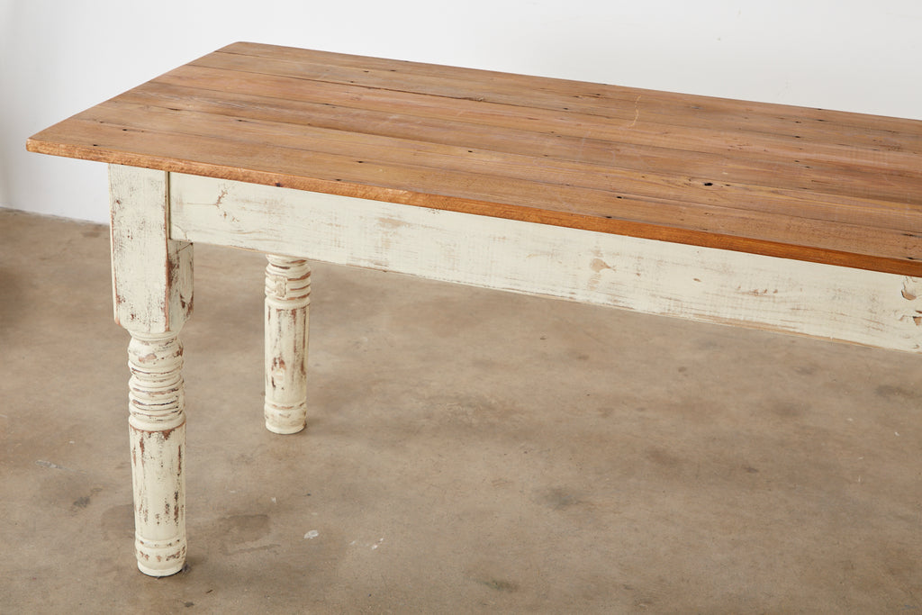 Rustic American Cream Painted Pine Farmhouse Dining Table