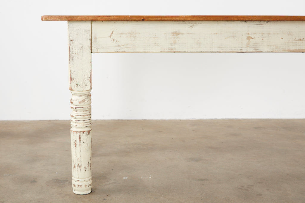 Rustic American Cream Painted Pine Farmhouse Dining Table