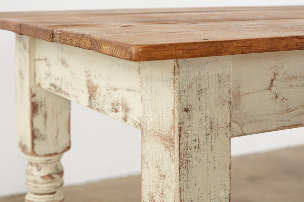 Rustic American Cream Painted Pine Farmhouse Dining Table