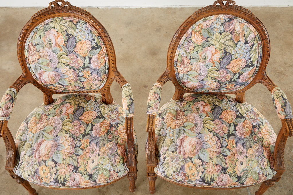 Pair of French Louis XVI Style Carved Fauteuil Armchairs