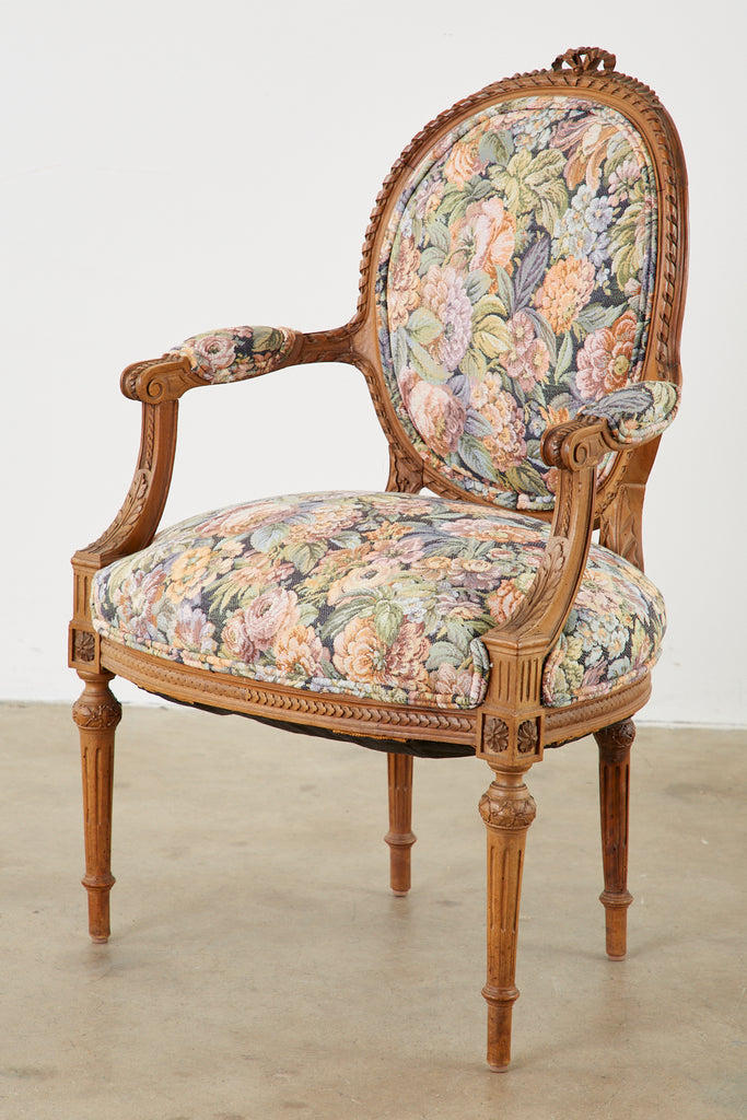 Pair of French Louis XVI Style Carved Fauteuil Armchairs