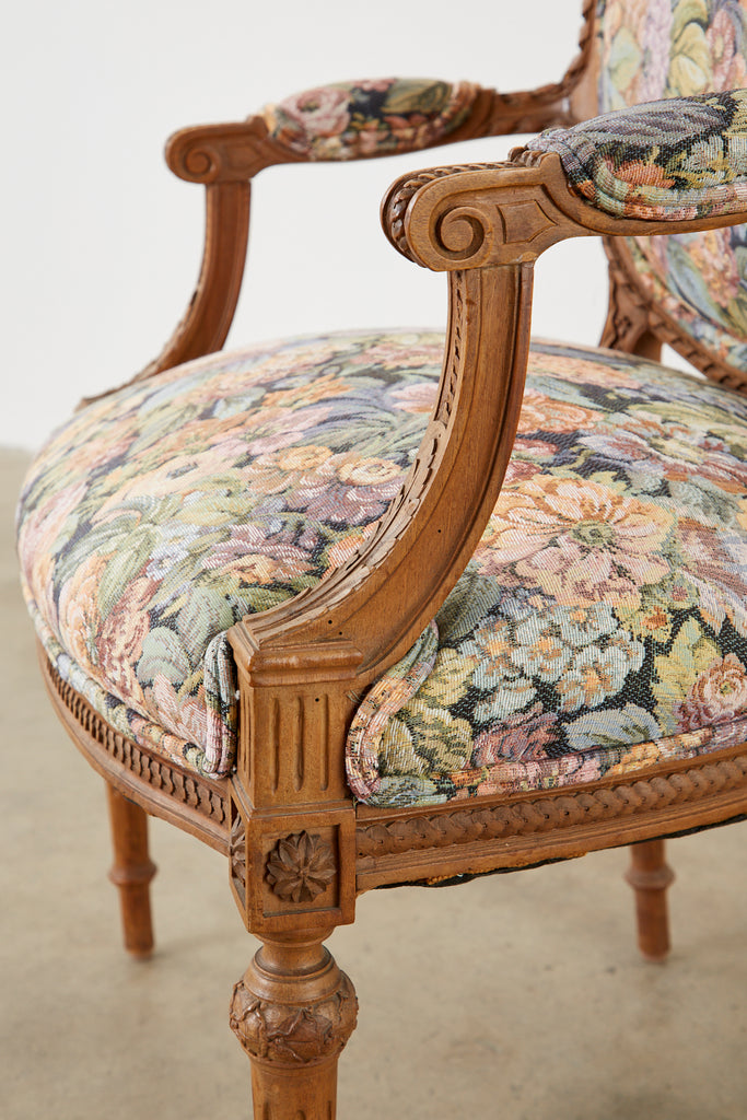 Pair of French Louis XVI Style Carved Fauteuil Armchairs