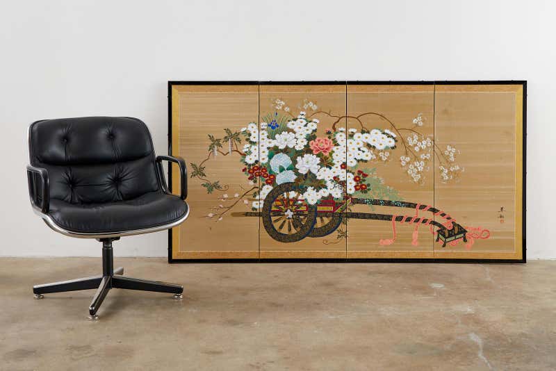 Japanese Four-Panel Showa Screen Hanaguruma Flower Cart