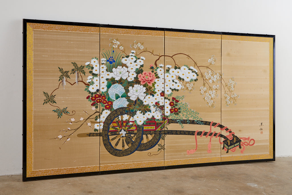 Japanese Four-Panel Showa Screen Hanaguruma Flower Cart